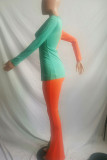Orange Green Casual Solid Patchwork Slit U Neck Long Sleeve Two Pieces