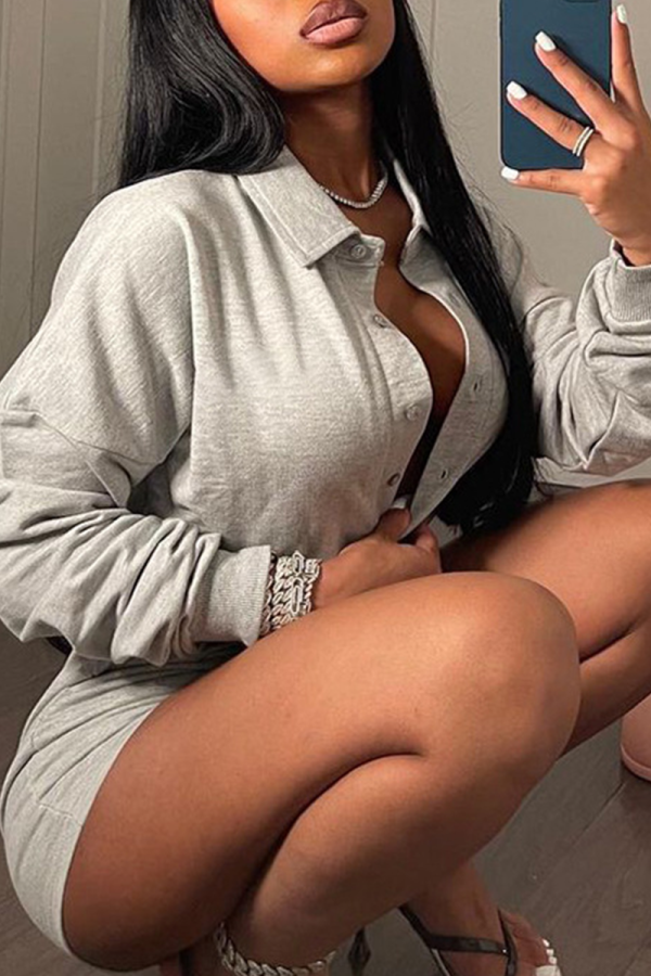 Grey Casual Solid Patchwork Turndown Collar Long Sleeve Two Pieces