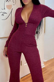 Blue Sexy Solid Hollowed Out Patchwork Backless Slit V Neck Regular Jumpsuits