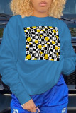Blue Fashion Street Print Patchwork O Neck Tops