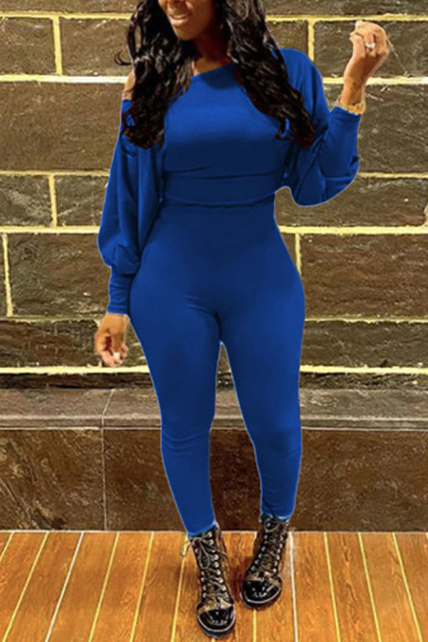 Peacock Blue Casual Solid Patchwork Oblique Collar Long Sleeve Two Pieces