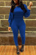 Peacock Blue Casual Solid Patchwork Oblique Collar Long Sleeve Two Pieces