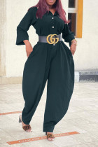Ink Green Casual Solid Split Joint Buckle Turndown Collar Loose Jumpsuits (Without Belt)