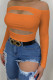 Tangerine Red Sexy Hollowed Out Patchwork Off the Shoulder Tops