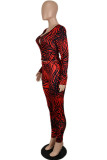 Red Fashion Casual Print Hollowed Out V Neck Long Sleeve Two Pieces