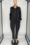 Black Casual Solid Patchwork Buckle Turndown Collar Loose Jumpsuits (Without Belt)