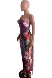 Colour Fashion Sexy Print Backless Slit Oblique Collar Long Sleeve Dresses