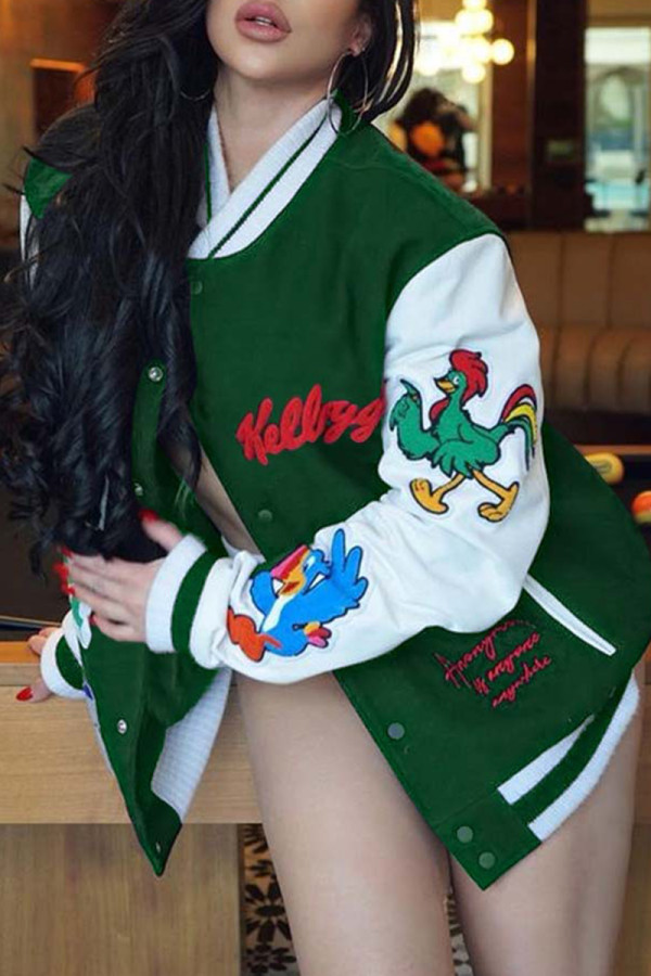 Green Fashion Casual Patchwork Embroidered Outerwear