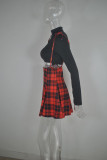 Red Fashion Casual Plaid Print Basic Turtleneck Long Sleeve Two Pieces