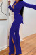 Blue Sexy Solid Hollowed Out Patchwork Backless Slit V Neck Regular Jumpsuits