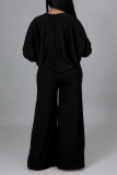 Black Fashion Casual Solid Hollowed Out Split Joint O Neck Long Sleeve Three-piece Set
