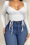 Red Casual Solid Patchwork Frenulum Fold V Neck Tops