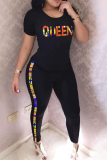 Black Casual Print Patchwork O Neck Short Sleeve Two Pieces
