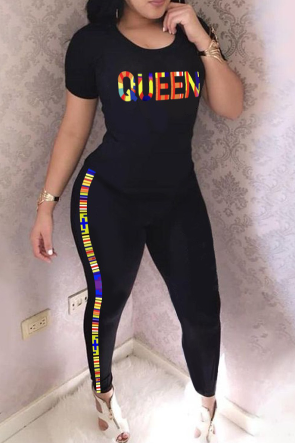 Black Casual Print Patchwork O Neck Short Sleeve Two Pieces