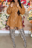 Brown Fashion Casual Solid Patchwork Turndown Collar Long Sleeve Dresses