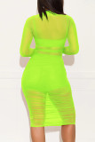 Fluorescent Green Fashion Sexy Solid See-through O Neck Long Sleeve Three-piece Set