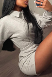 Grey Casual Solid Patchwork Turndown Collar Long Sleeve Two Pieces