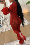 Red Fashion Sexy Print Basic Zipper Collar Regular Jumpsuits