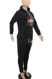 Black Casual Print Patchwork Hooded Collar Long Sleeve Two Pieces