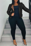 Black Fashion Casual Patchwork Cardigan Turndown Collar Outerwear