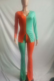 Orange Green Casual Solid Patchwork Slit U Neck Long Sleeve Two Pieces