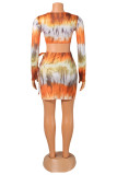 Orange Fashion Sexy Print Bandage Hollowed Out V Neck Long Sleeve Two Pieces