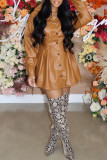 Brown Fashion Casual Solid Patchwork Turndown Collar Long Sleeve Dresses