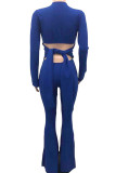 Blue Sexy Solid Hollowed Out Patchwork Backless Slit V Neck Regular Jumpsuits