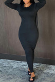 Black Fashion Casual Solid Basic O Neck Long Sleeve Dresses