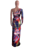 Colour Fashion Sexy Print Backless Slit Oblique Collar Long Sleeve Dresses