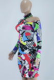 Colour Sexy Print Hollowed Out Patchwork Half A Turtleneck Pencil Skirt Dresses