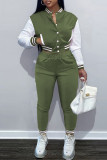 Light Green Fashion Casual Patchwork Cardigan Pants Long Sleeve Two Pieces
