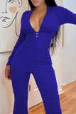 Blue Sexy Solid Hollowed Out Patchwork Backless Slit V Neck Regular Jumpsuits