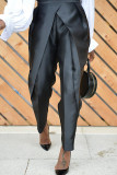 Black Fashion Casual Solid Patchwork Regular High Waist Trousers