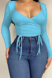 Red Casual Solid Patchwork Frenulum Fold V Neck Tops