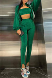 Green Fashion Casual Solid Cardigan Pants Zipper Collar Long Sleeve Two Pieces