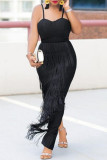 Black Sexy Plus Size Solid Tassel Patchwork Backless Spaghetti Strap Evening Dress