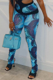 Blue Sexy Print Patchwork Skinny High Waist Pencil Full Print Bottoms