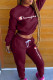Burgundy Fashion Casual Print Patchwork Letter O Neck Long Sleeve Two Pieces