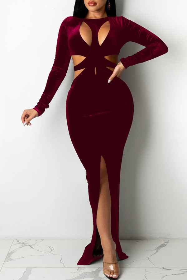 Burgundy Fashion Sexy Solid Hollowed Out Slit O Neck Long Sleeve Dresses