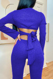 Blue Sexy Solid Hollowed Out Patchwork Backless Slit V Neck Regular Jumpsuits
