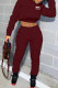Burgundy Casual Print Patchwork Hooded Collar Long Sleeve Two Pieces