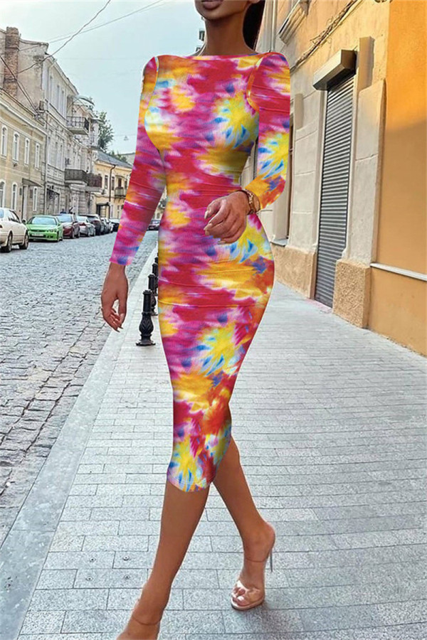 Rose Red Fashion Casual Print Backless O Neck Long Sleeve Dresses