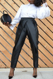 Black Fashion Casual Solid Patchwork Regular High Waist Trousers