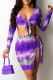 Blue Fashion Sexy Print Bandage Hollowed Out V Neck Long Sleeve Two Pieces
