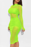 Fluorescent Green Fashion Sexy Solid See-through O Neck Long Sleeve Three-piece Set