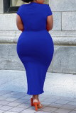 Blue Sexy Solid Ripped O Neck Straight Plus Size Dresses