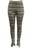 Brown Fashion Casual Plaid Print Basic Regular High Waist Pencil Trousers