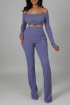 Light Purple Casual Solid Split Joint Slit Off the Shoulder Long Sleeve Two Pieces