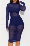 Royal Blue Fashion Sexy Solid See-through O Neck Long Sleeve Three-piece Set